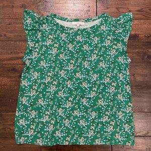 NWOT LOFT Butterfly Ruffle Short Sleeve Floral Green Blouse Top Size XL
